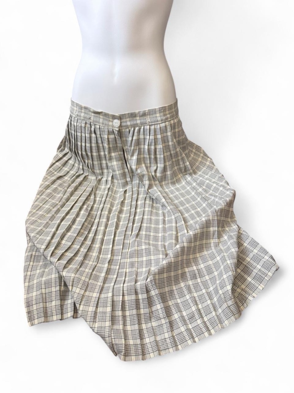 Plaid Pleated Midi Skirt - Neutral Beige Check
